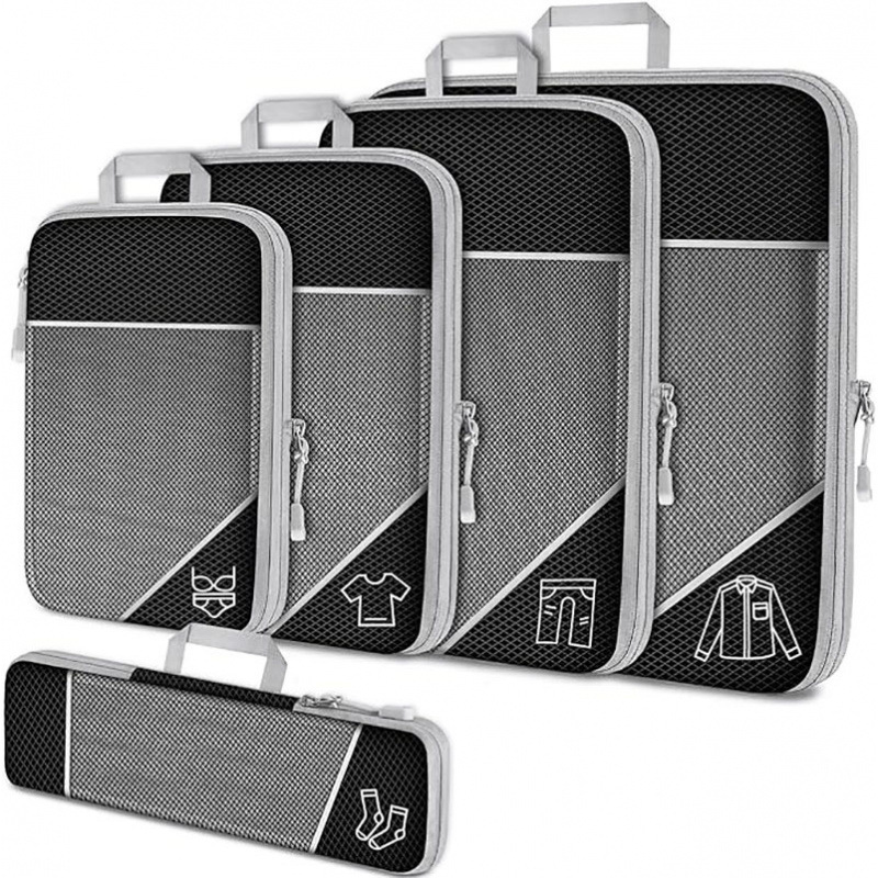 Black Waterproof Travel Compression Packing Cube Set of 5 Sizes with Carry Handles - 50% Space Saving Breathable Nylon Luggage Organizer - Image 1