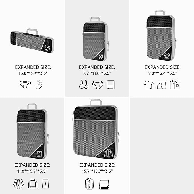 Black Waterproof Travel Compression Packing Cube Set of 5 Sizes with Carry Handles - 50% Space Saving Breathable Nylon Luggage Organizer - Image 5