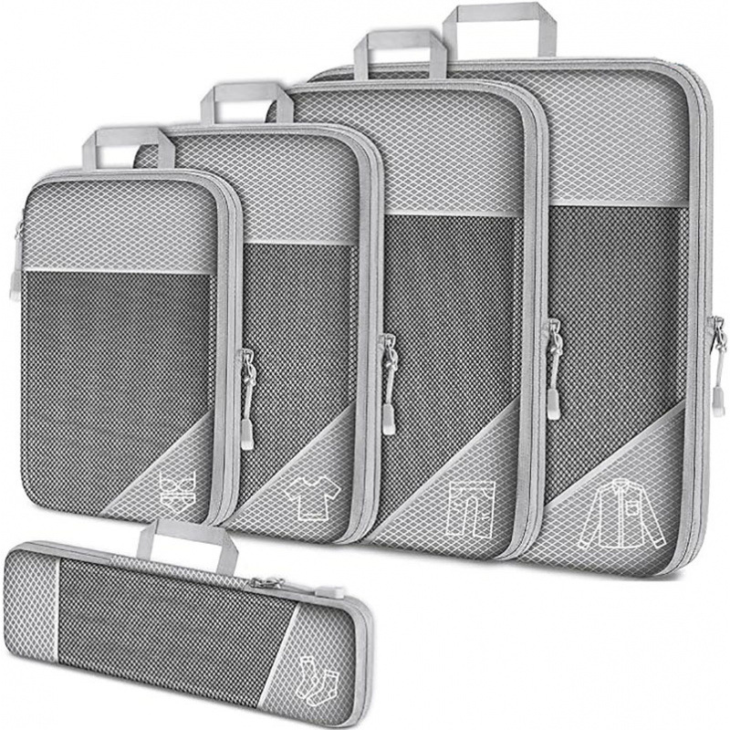 Grey Waterproof Travel Compression Packing Cube Set of 5 Sizes with Carry Handles - 50% Space Saving Breathable Nylon Luggage Organizer - Image 1