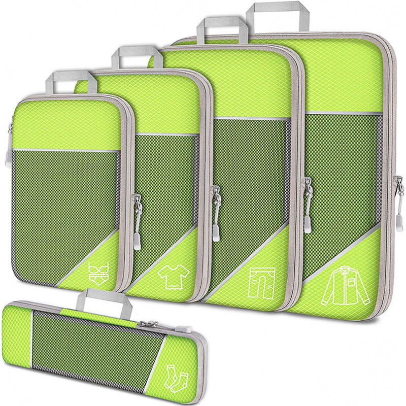 Green Waterproof Travel Compression Packing Cube Set of 5 Sizes with Carry Handles - 50% Space Saving Breathable Nylon Luggage Organizer - Image 1