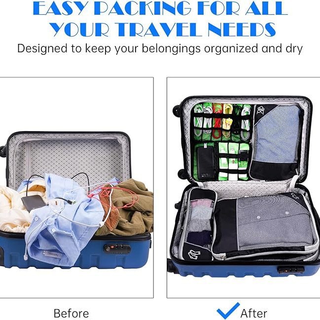Green Waterproof Travel Compression Packing Cube Set of 5 Sizes with Carry Handles - 50% Space Saving Breathable Nylon Luggage Organizer - Image 4