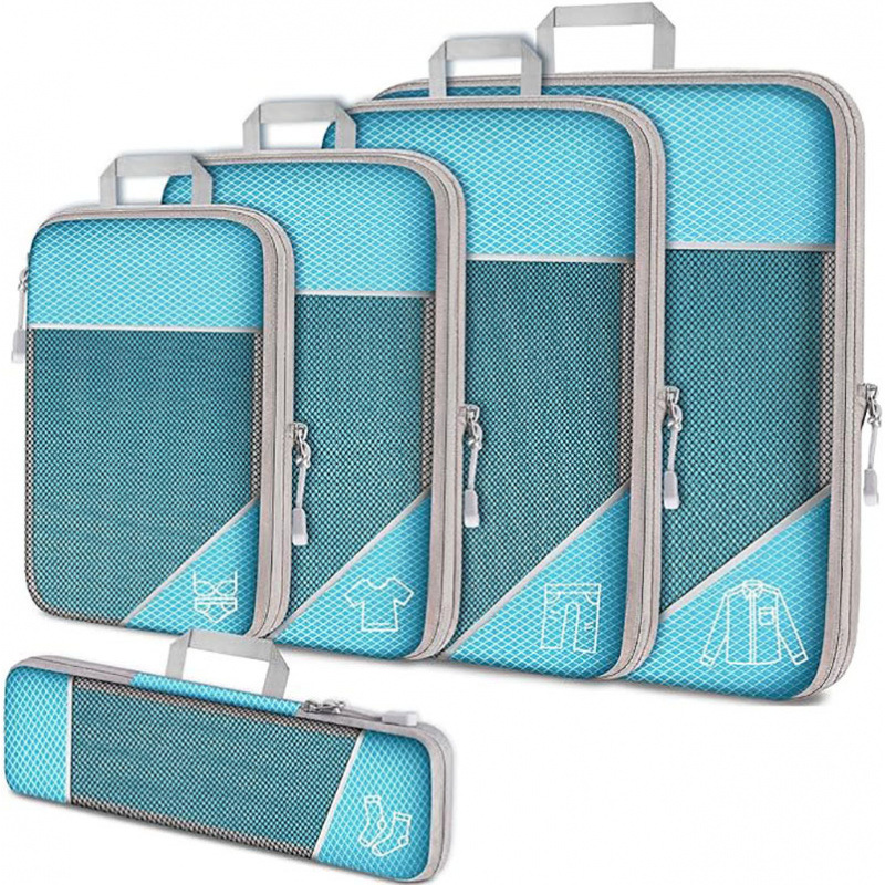 Blue Waterproof Travel Compression Packing Cube Set of 5 Sizes with Carry Handles - 50% Space Saving Breathable Nylon Luggage Organizer - Image 1