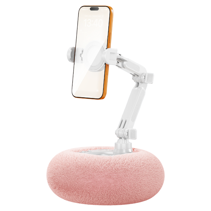 2-in-1 Pink Soft Plush Pillow Base & Phone Holder - 3-Axis 180° Rotation, Height Adjustable and Telescopic Clamp Stand, Relieve Arm Fatigue and Neck Strain - Image 1
