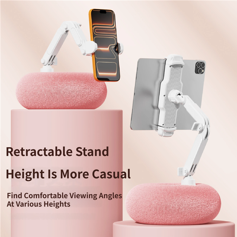 2-in-1 Pink Soft Plush Pillow Base & Phone Holder - 3-Axis 180° Rotation, Height Adjustable and Telescopic Clamp Stand, Relieve Arm Fatigue and Neck Strain - Image 4