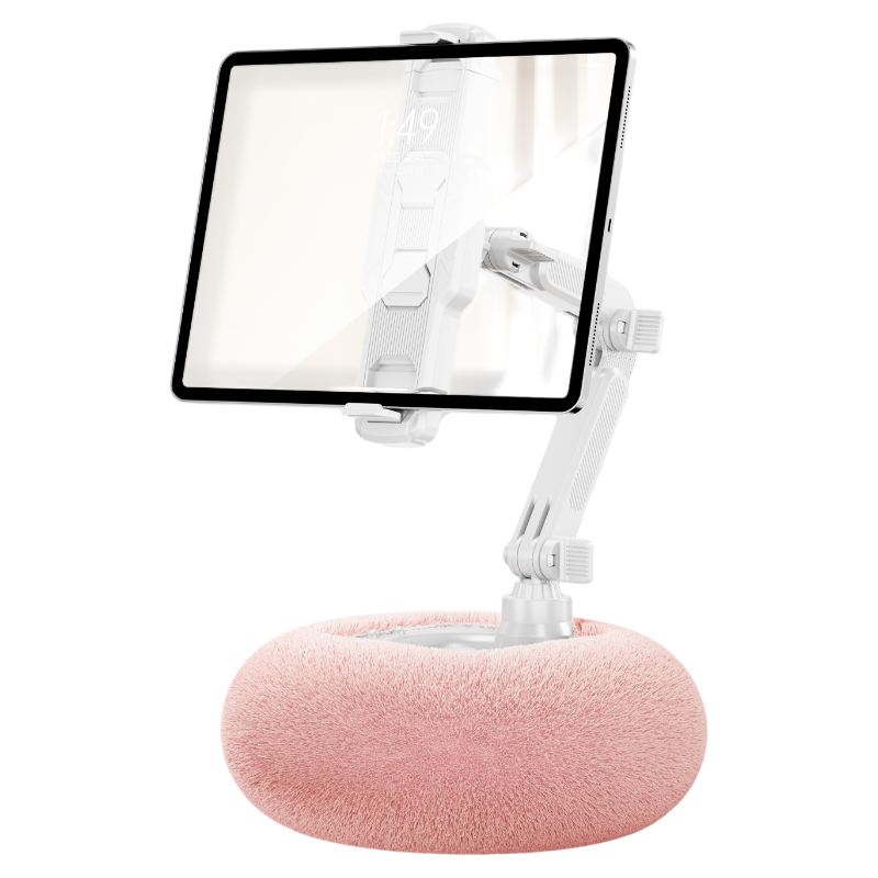 2-in-1 Pink Soft Plush Pillow Base & Tablet Holder - 3-Axis 180° Rotation, Height Adjustable and Telescopic Clamp Stand, Relieve Arm Fatigue and Neck Strain - Image 1