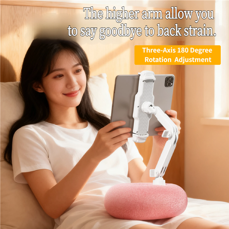 2-in-1 Pink Soft Plush Pillow Base & Tablet Holder - 3-Axis 180° Rotation, Height Adjustable and Telescopic Clamp Stand, Relieve Arm Fatigue and Neck Strain - Image 3