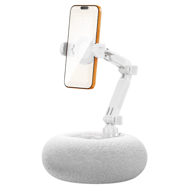 2-in-1 White Soft Plush Pillow Base & Phone Holder - 3-Axis 180° Rotation, Height Adjustable and Telescopic Clamp Stand, Relieve Arm Fatigue and Neck Strain - Image 1