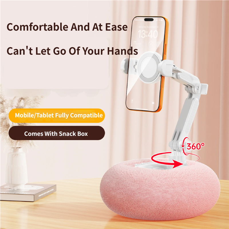 2-in-1 White Soft Plush Pillow Base & Phone Holder - 3-Axis 180° Rotation, Height Adjustable and Telescopic Clamp Stand, Relieve Arm Fatigue and Neck Strain - Image 2