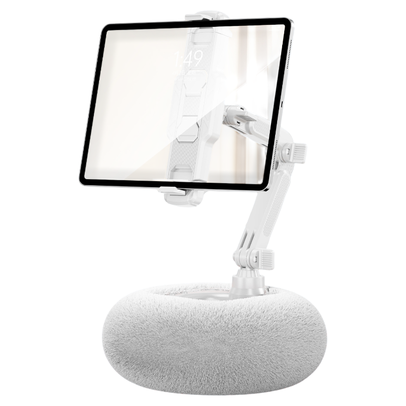 2-in-1 White Soft Plush Pillow Base & Tablet Holder - 3-Axis 180° Rotation, Height Adjustable and Telescopic Clamp Stand, Relieve Arm Fatigue and Neck Strain - Image 1