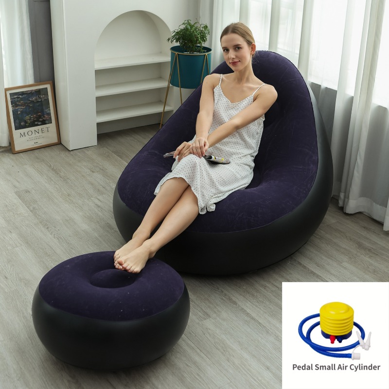 Dark Blue Inflatable Flocked Lounge Chair & Ottoman Set with Foot Pump - Portable Ergonomic S-shaped Air Lounger for Indoor & Outdoor - Image 1