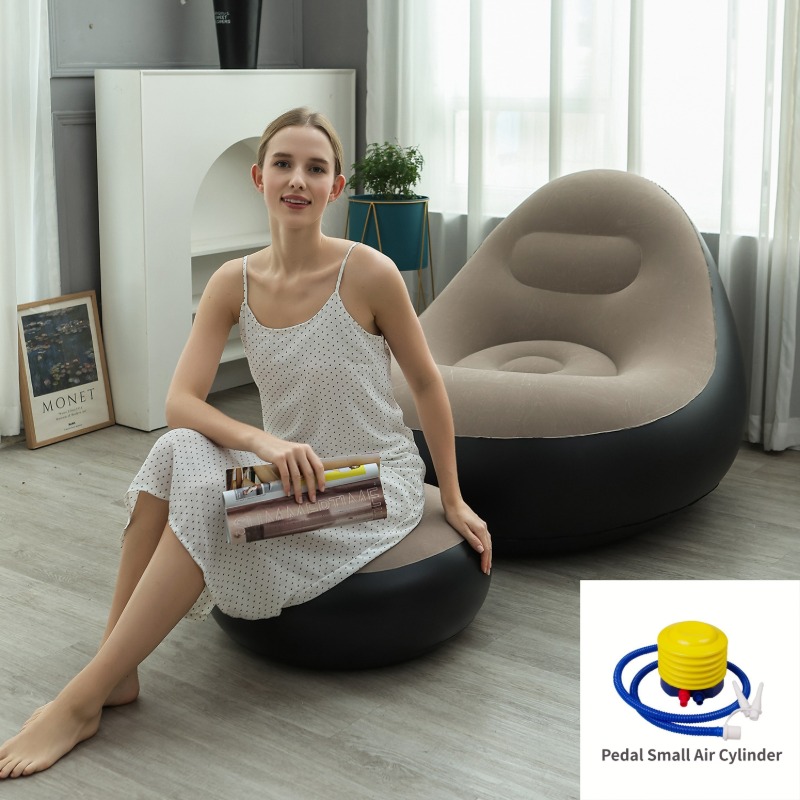 Khaki Inflatable Flocked Lounge Chair & Ottoman Set with Foot Pump - Portable Ergonomic S-shaped Air Lounger for Indoor & Outdoor - Image 1