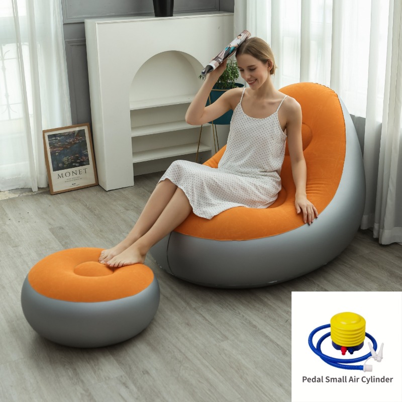 Orange Inflatable Flocked Lounge Chair & Ottoman Set with Foot Pump - Portable Ergonomic S-shaped Air Lounger for Indoor & Outdoor - Image 1