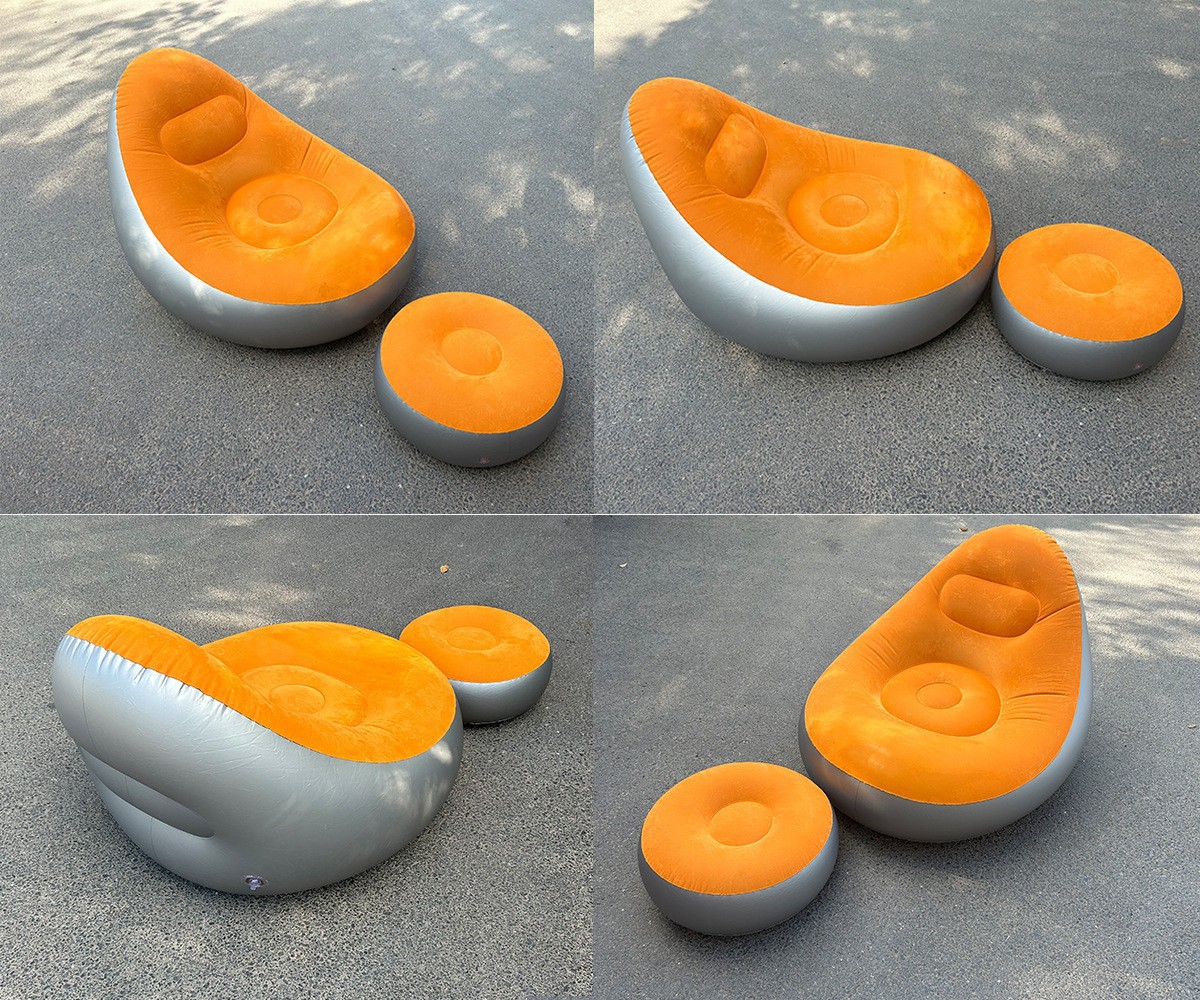 Orange Inflatable Flocked Lounge Chair & Ottoman Set with Foot Pump - Portable Ergonomic S-shaped Air Lounger for Indoor & Outdoor - Image 2