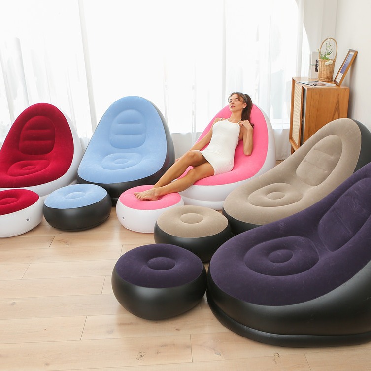 Purple Inflatable Flocked Lounge Chair & Ottoman Set with Foot Pump - Portable Ergonomic S-shaped Air Lounger for Indoor & Outdoor - Image 3