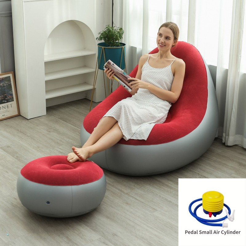 Red Inflatable Flocked Lounge Chair & Ottoman Set with Foot Pump - Portable Ergonomic S-shaped Air Lounger for Indoor & Outdoor - Image 1