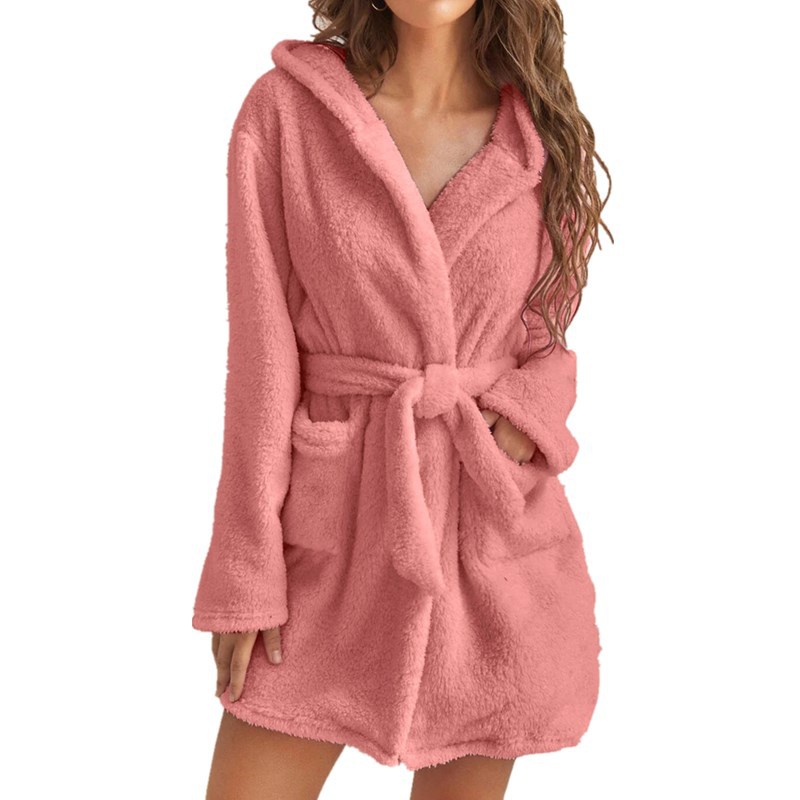 Pink M Size Women's Ultra-Thick Plush Robe with Large Hood & Pockets  - Warm Winter Double-Layer Sherpa Fleece Lounge, Bathrobe & Nightwear - Image 1