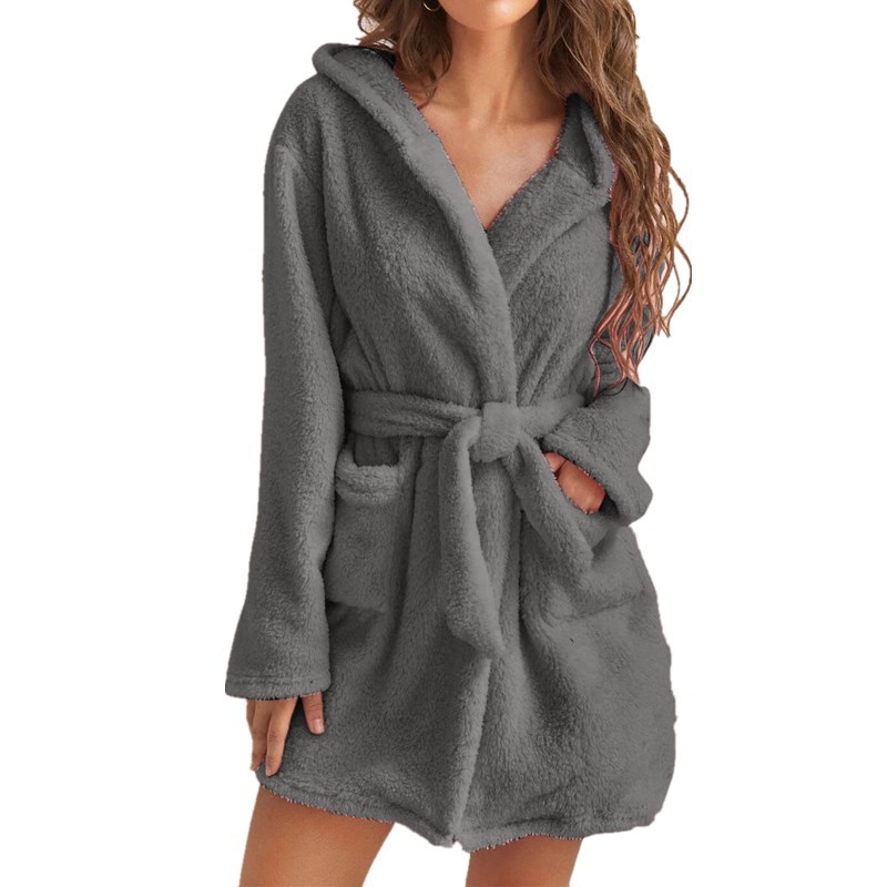 Dark Grey M Size Women's Ultra-Thick Plush Robe with Large Hood & Pockets  - Warm Winter Double-Layer Sherpa Fleece Lounge, Bathrobe & Nightwear - Image 1