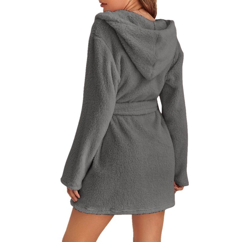 Dark Grey M Size Women's Ultra-Thick Plush Robe with Large Hood & Pockets  - Warm Winter Double-Layer Sherpa Fleece Lounge, Bathrobe & Nightwear - Image 2
