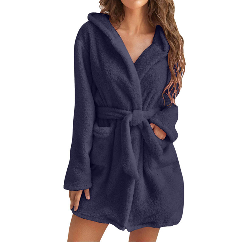 Dark Blue 5XL Size Women's Ultra-Thick Plush Robe with Large Hood & Pockets  - Warm Winter Double-Layer Sherpa Fleece Lounge, Bathrobe & Nightwear - Image 1