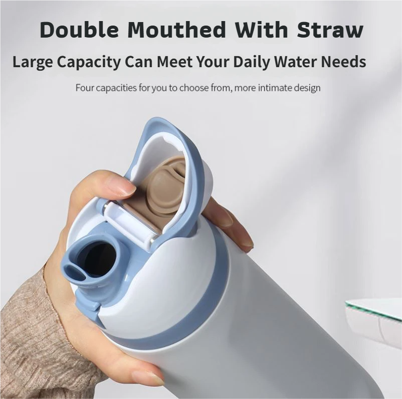 24oz Black Large Thermal Water Bottle with Dual-Sipping Lid & Built-in Straw - Leak-Proof 304 Stainless Steel Outdoor Sports Flask - Image 2