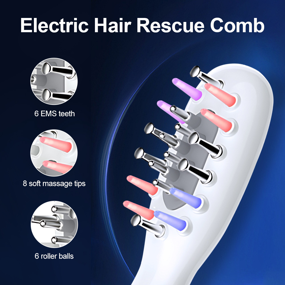 White Porrtable EMS Vibration Scalp Massager & Hair Growth Comb - Tri-Color LED Therapy, 8 Gentle Comb Teeth | 6 EMS Teeth | 6 Essence-Dispensing Teeth for Even Application & Hair Rescue - Image 2