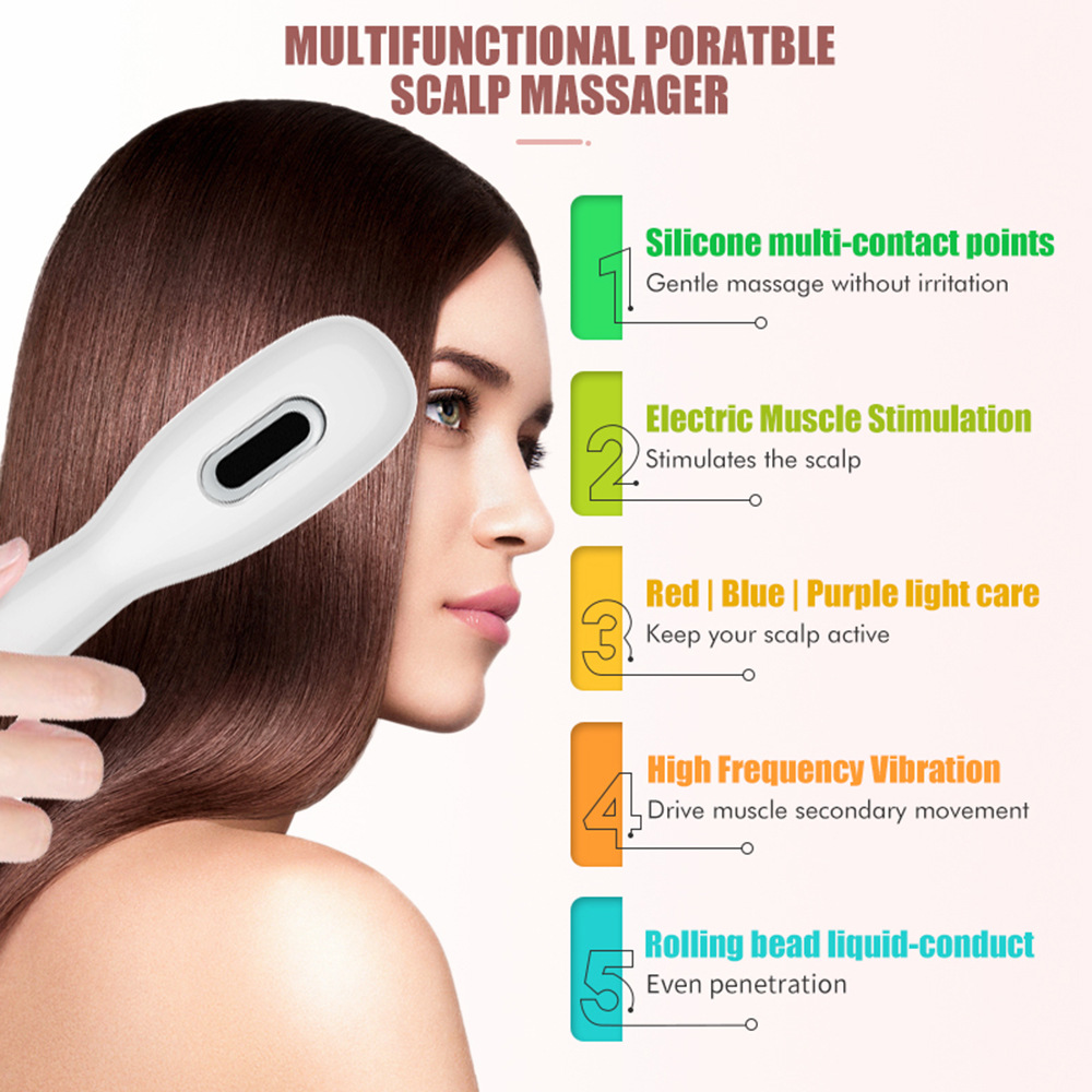 White Porrtable EMS Vibration Scalp Massager & Hair Growth Comb - Tri-Color LED Therapy, 8 Gentle Comb Teeth | 6 EMS Teeth | 6 Essence-Dispensing Teeth for Even Application & Hair Rescue - Image 3