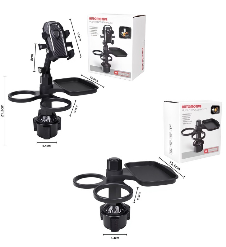 2-Pack (2-in-1 Standard Version & 3-in-1 Pro Phone Mount Version) Car Rotating Dinner Tray & Double Cup Holder with Secure Phone Mount - Car Cup Slot Swivel Expander and Snacks & Drinks Organizer - Image 1