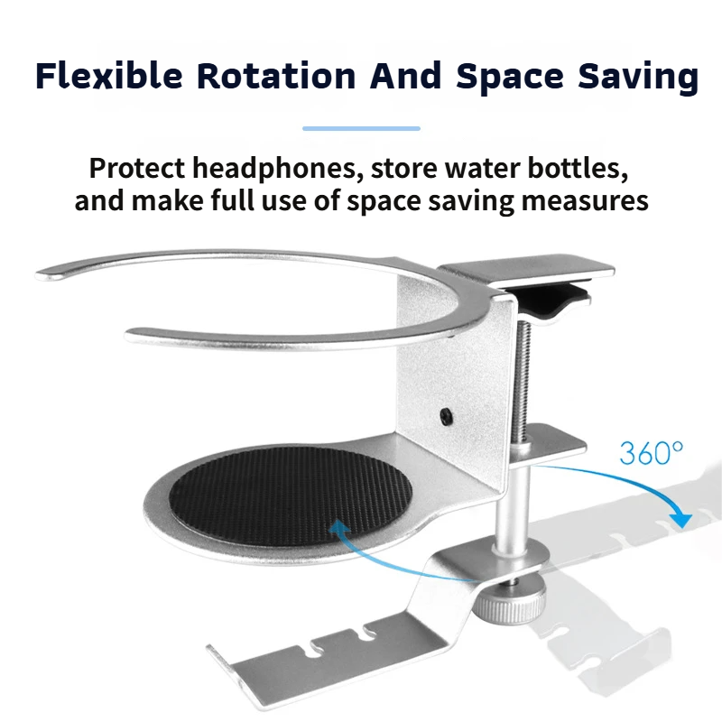 2-in-1 Under-Desk Metal Headphone Hanger &  Anti-Spill Cup Holder - No-Drill Heavy-Duty Desk Adjustable Clamp and 360° Swivel Hook - Image 2
