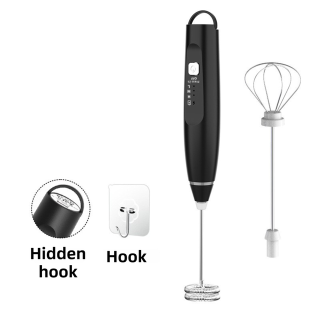 Black Wireless 3-Speed Milk Frother & Egg Whisk with Dual Mixing Heads & Hidden Hook - Handheld USB Rechargeable Foam Maker for Coffee, Cream & Baking - Image 1