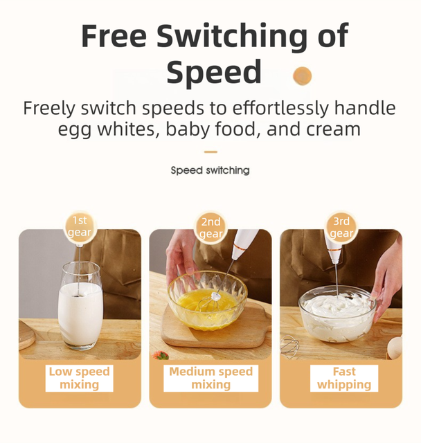 Black Wireless 3-Speed Milk Frother & Egg Whisk with Dual Mixing Heads & Hidden Hook - Handheld USB Rechargeable Foam Maker for Coffee, Cream & Baking - Image 4