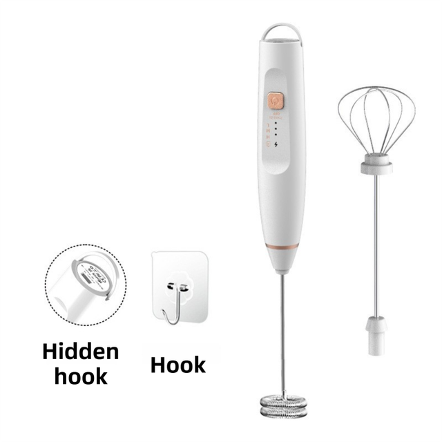 White Wireless 3-Speed Milk Frother & Egg Whisk with Dual Mixing Heads & Hidden Hook - Handheld USB Rechargeable Foam Maker for Coffee, Cream & Baking - Image 1