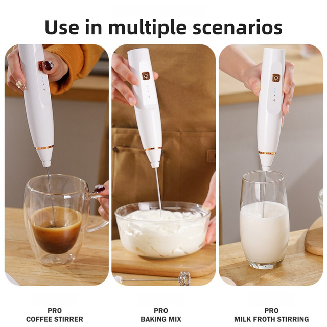 White Wireless 3-Speed Milk Frother & Egg Whisk with Dual Mixing Heads & Hidden Hook - Handheld USB Rechargeable Foam Maker for Coffee, Cream & Baking - Image 5
