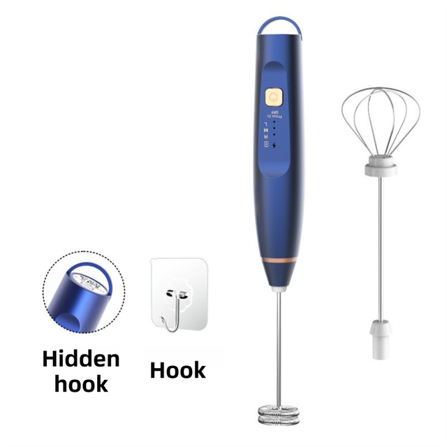 Blue Wireless 3-Speed Milk Frother & Egg Whisk with Dual Mixing Heads & Hidden Hook - Handheld USB Rechargeable Foam Maker for Coffee, Cream & Baking - Image 1