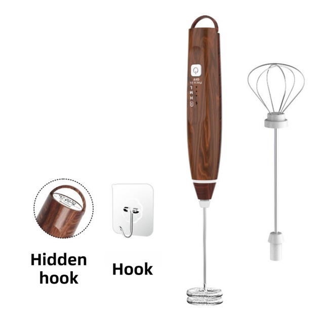 Wood Grain Wireless 3-Speed Milk Frother & Egg Whisk with Dual Mixing Heads & Hidden Hook - Handheld USB Rechargeable Foam Maker for Coffee, Cream & Baking - Image 1