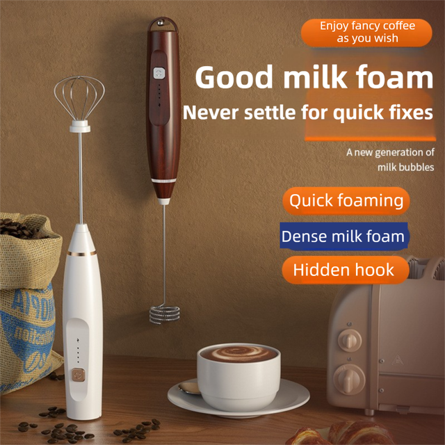 Wood Grain Wireless 3-Speed Milk Frother & Egg Whisk with Dual Mixing Heads & Hidden Hook - Handheld USB Rechargeable Foam Maker for Coffee, Cream & Baking - Image 2