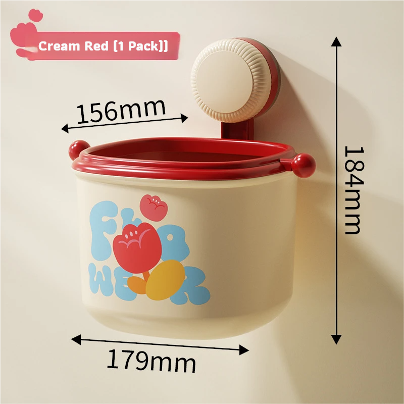 Cream Red Cute Suction Cup Wall-Mounted Trash Bin with Bag Press Ring and Wide Opening - Multifunctional Organizer & Waste Basket for Office Living Room And Bedroom - Image 1