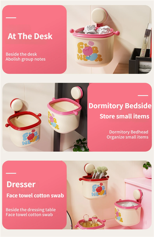 Cream Red Cute Suction Cup Wall-Mounted Trash Bin with Bag Press Ring and Wide Opening - Multifunctional Organizer & Waste Basket for Office Living Room And Bedroom - Image 4