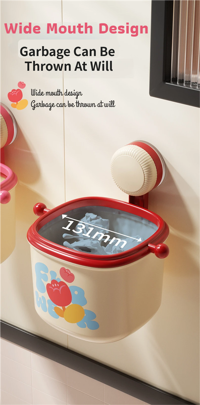 Cream Red Cute Suction Cup Wall-Mounted Trash Bin with Bag Press Ring and Wide Opening - Multifunctional Organizer & Waste Basket for Office Living Room And Bedroom - Image 5