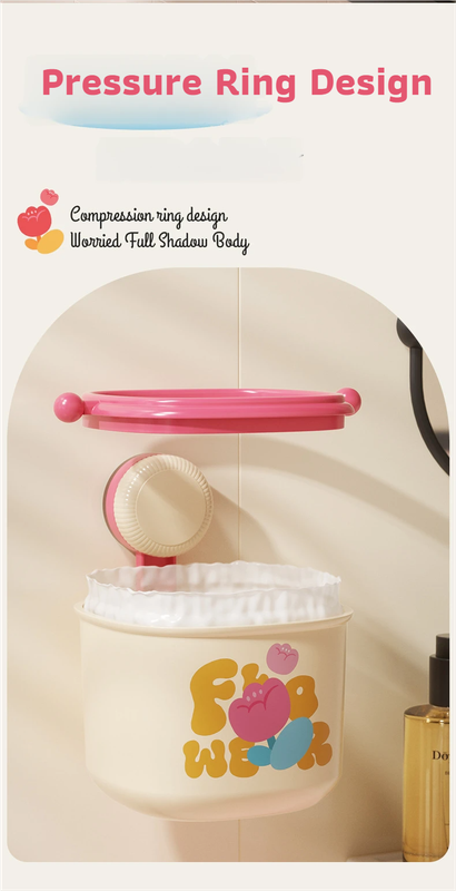 Cream Red Cute Suction Cup Wall-Mounted Trash Bin with Bag Press Ring and Wide Opening - Multifunctional Organizer & Waste Basket for Office Living Room And Bedroom - Image 6