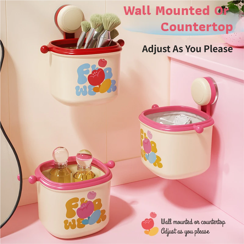 Cream Powder Cute Suction Cup Wall-Mounted Trash Bin with Bag Press Ring and Wide Opening - Multifunctional Organizer & Waste Basket for Office Living Room And Bedroom - Image 2