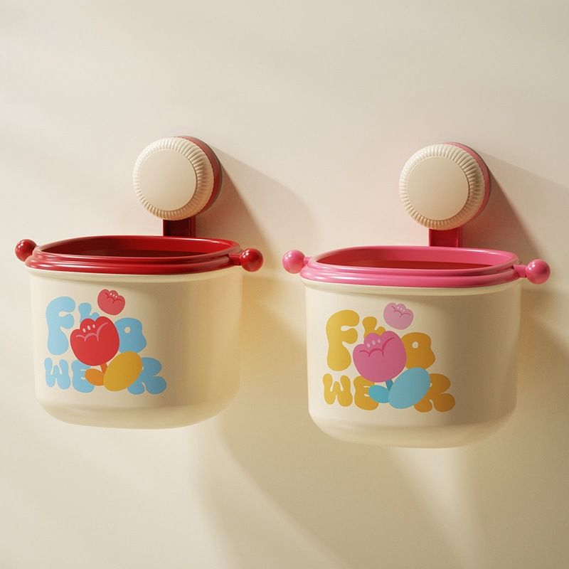 2-Pack Cream Red & Cream Powder Cute Suction Cup Wall-Mounted Trash Bin with Bag Press Ring and Wide Opening - Multifunctional Organizer & Waste Basket for Office Living Room And Bedroom - Image 1