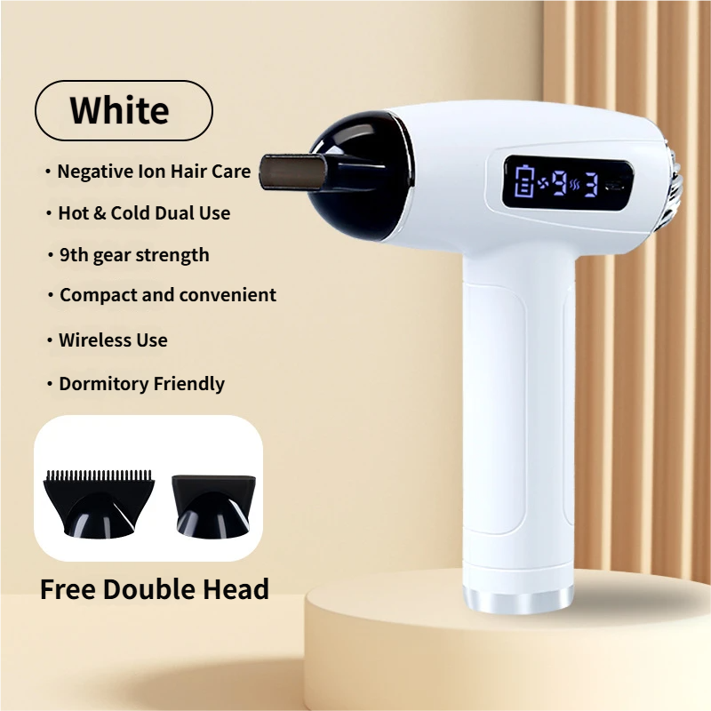 White Cordless Ionic Constant Heated Hair Dryer with LCD Display & 9 Wind Speeds - USB Rechargeable Hair Care Blow Dryer, Concentrator & Diffuser Included - Image 1