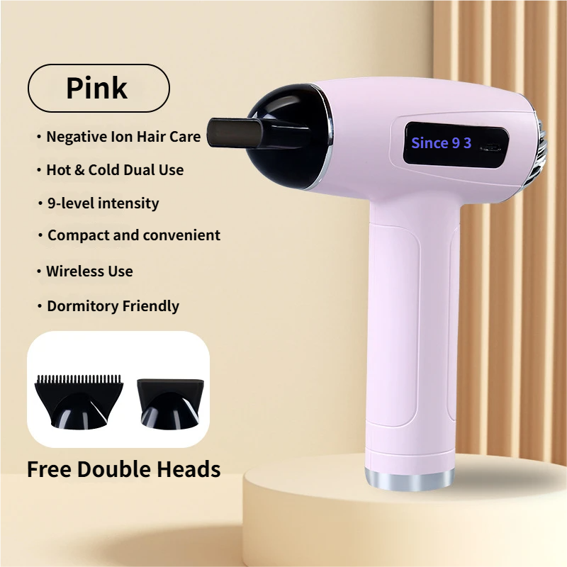 Pink Cordless Ionic Constant Heated Hair Dryer with LCD Display & 9 Wind Speeds - USB Rechargeable Hair Care Blow Dryer, Concentrator & Diffuser Included - Image 1