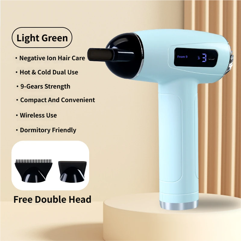 Light Green Cordless Ionic Constant Heated Hair Dryer with LCD Display & 9 Wind Speeds - USB Rechargeable Hair Care Blow Dryer, Concentrator & Diffuser Included - Image 1