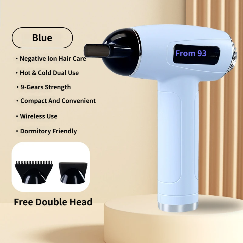 Blue Cordless Ionic Constant Heated Hair Dryer with LCD Display & 9 Wind Speeds - USB Rechargeable Hair Care Blow Dryer, Concentrator & Diffuser Included - Image 1