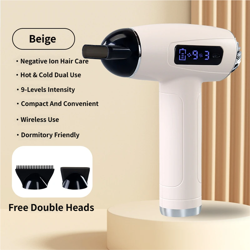 Beige Cordless Ionic Constant Heated Hair Dryer with LCD Display & 9 Wind Speeds - USB Rechargeable Hair Care Blow Dryer, Concentrator & Diffuser Included - Image 1