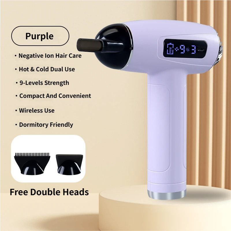 Purple Cordless Ionic Constant Heated Hair Dryer with LCD Display & 9 Wind Speeds - USB Rechargeable Hair Care Blow Dryer, Concentrator & Diffuser Included - Image 1