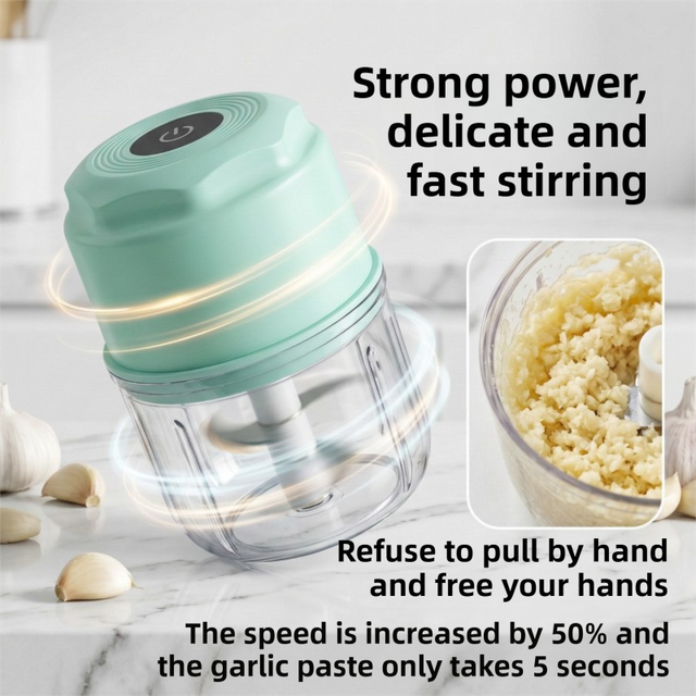 Green Cordless Electric Mini Food Chopper with 316 Stainless Steel Blades - Portable 300ml Garlic Crusher & Meat Grinder, One-Touch Operation - Image 3