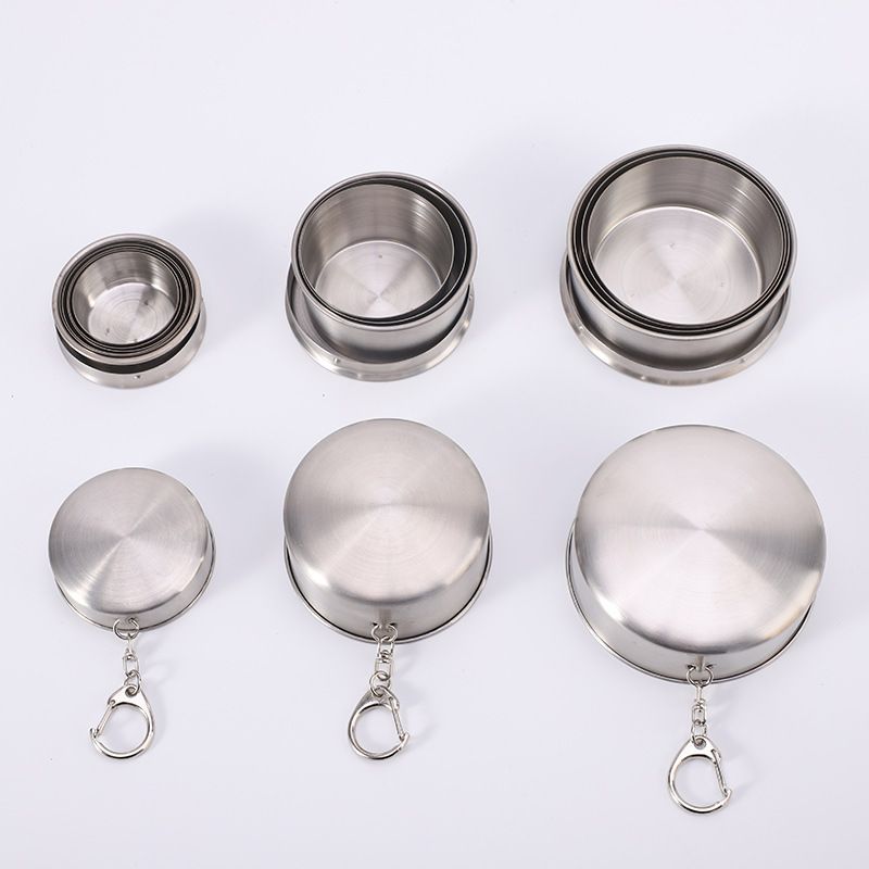 3-Capacity Silver Stainless Steel Collapsible Travel Cup Set(75ml + 150ml + 250ml) - Compact Telescopic Drinking Cup with Keychain & Dust-Proof Lid for Outdoor Hiking and Camping - Image 1