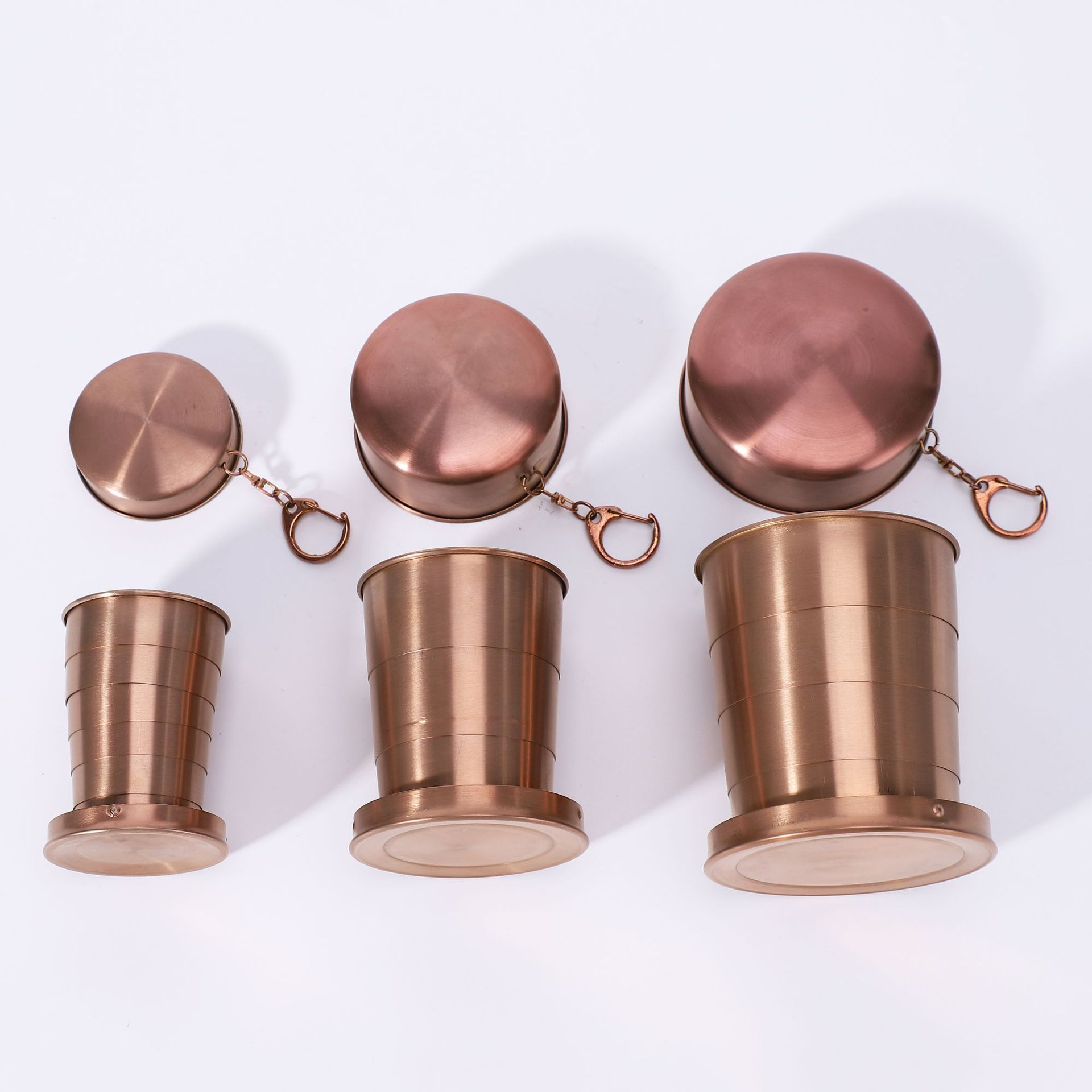 3-Capacity Bronze Stainless Steel Collapsible Travel Cup Set(75ml + 150ml + 250ml) - Compact Telescopic Drinking Cup with Keychain & Dust-Proof Lid for Outdoor Hiking and Camping - Image 1